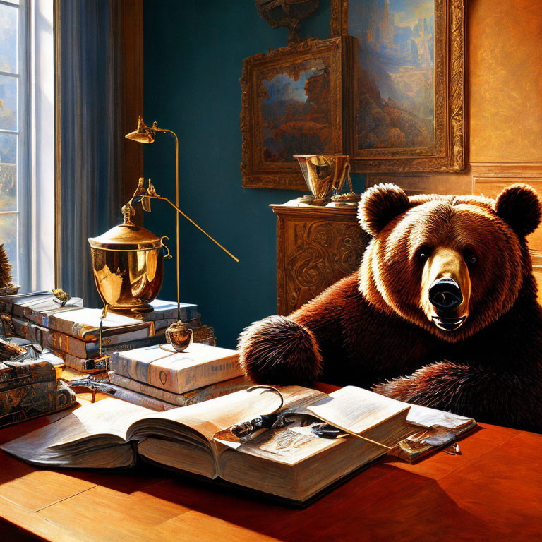 Brown bear painting at desk with books, inkwell, quill, globe, and classical art.