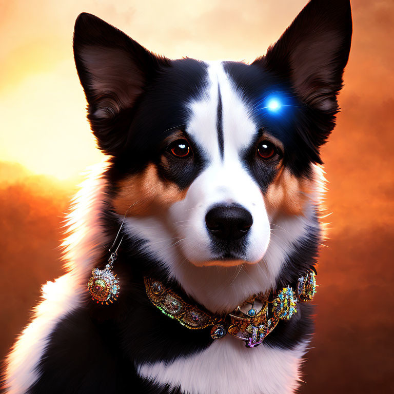 Digitally enhanced black and white dog portrait with blue eyes and jewelry against fiery sunset.