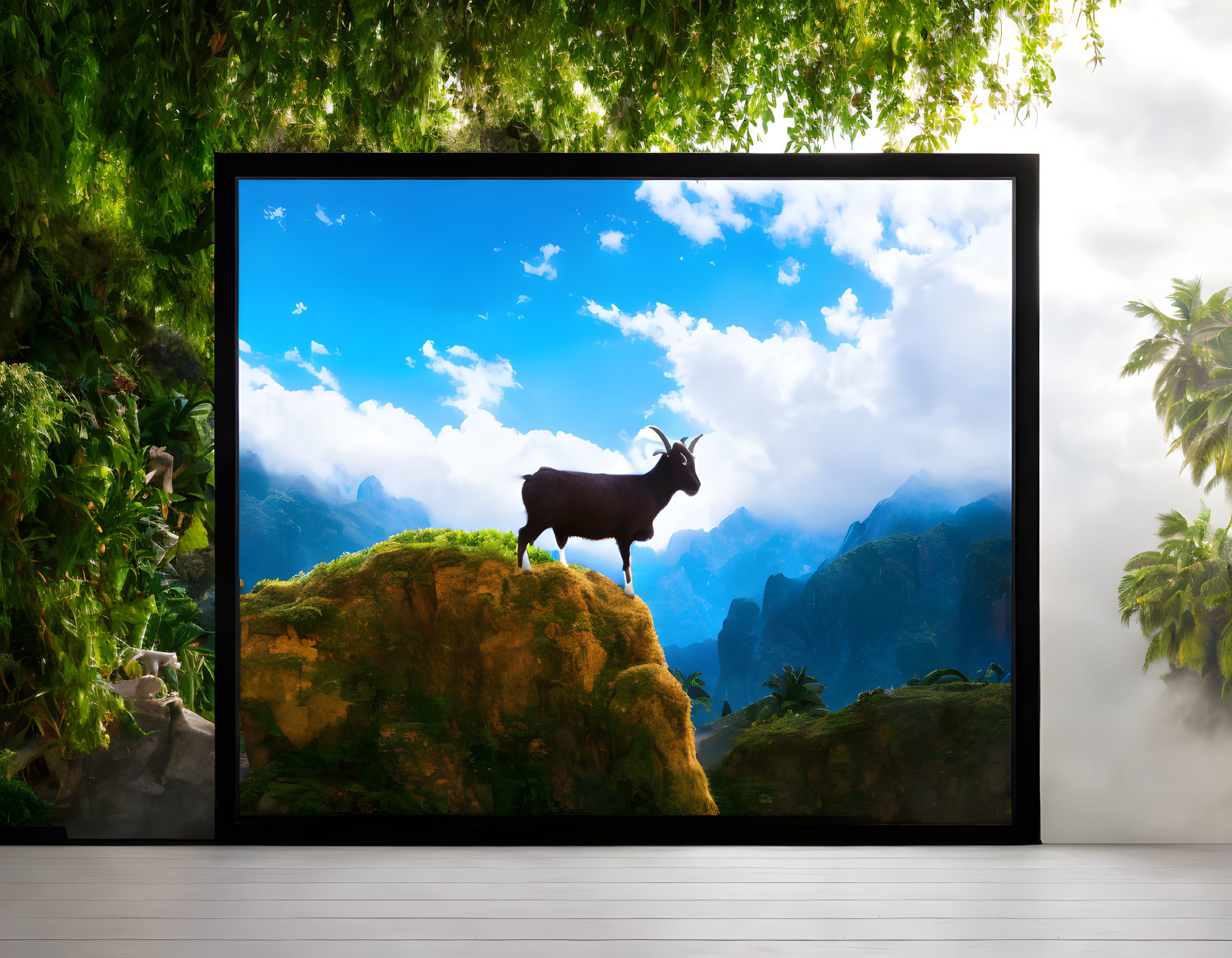 Framed picture of goat on cliff with mountain backdrop in room