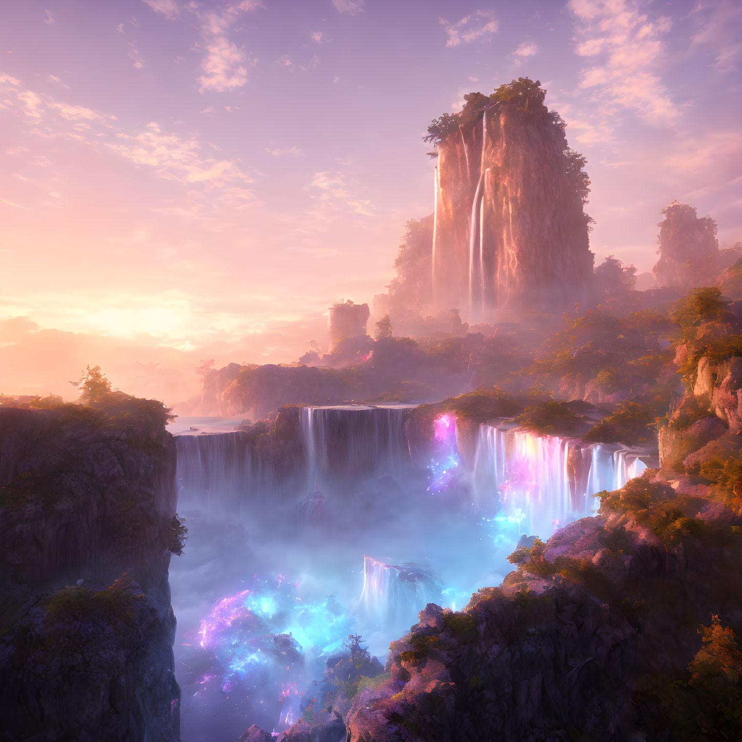 Mystical landscape with waterfalls, purple light, cliffs, and lush foliage