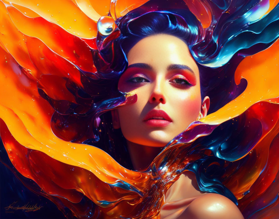 Colorful Woman Artwork with Flowing Liquid-Like Hair and Luminescent Drop