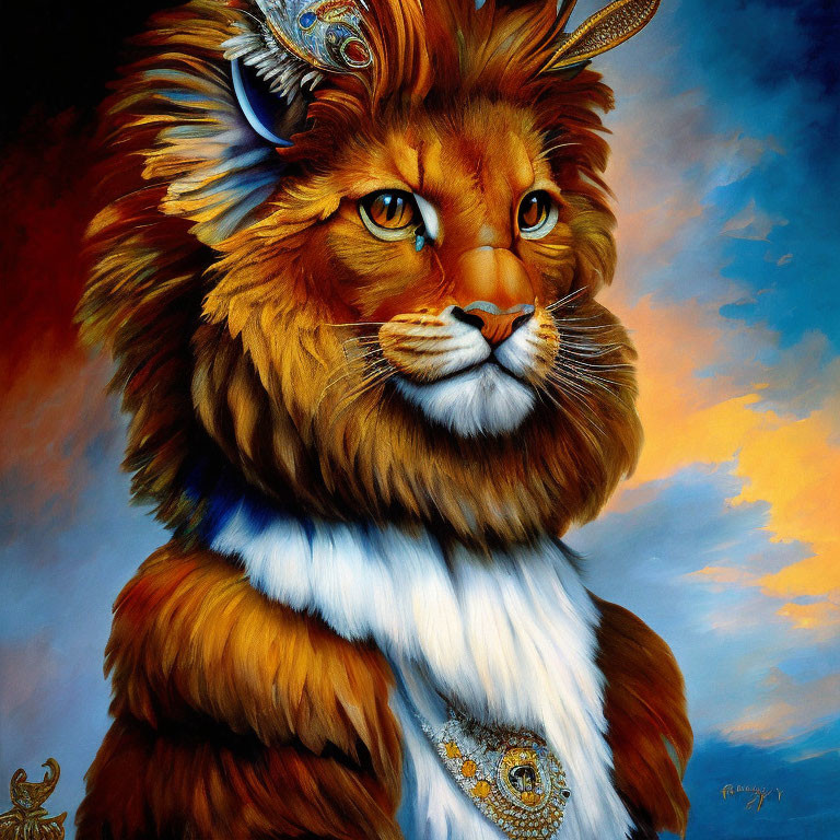 Regal lion painting with human-like eyes and ornate armor on vibrant sky