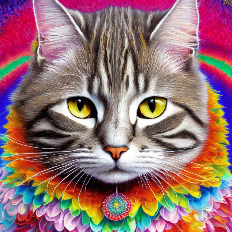 Vibrant psychedelic cat illustration with yellow eyes and rainbow texture