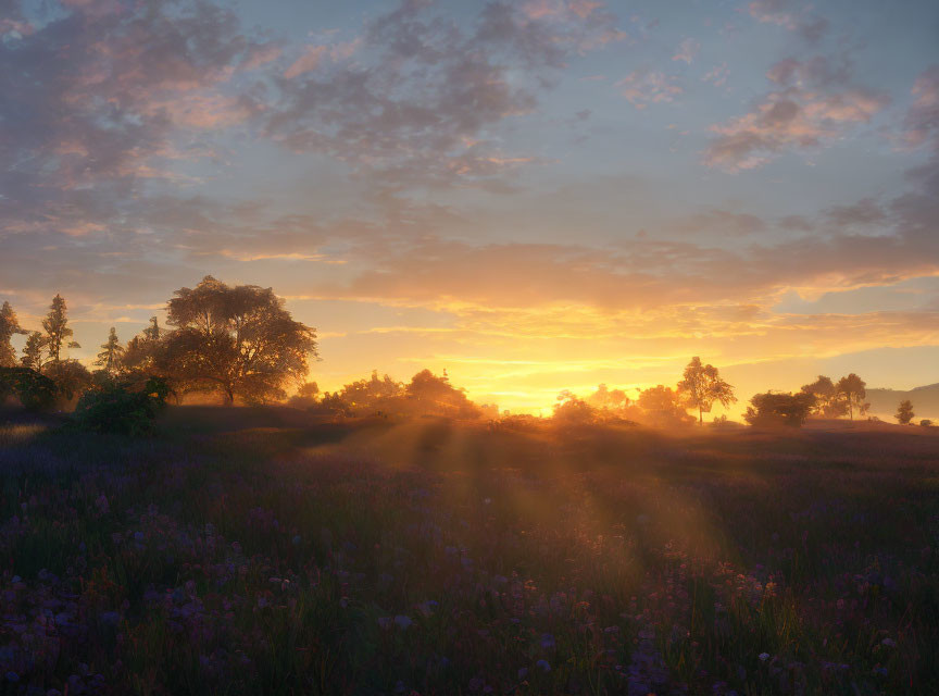 Tranquil sunset scene with sunbeams, purple flowers, and colorful sky