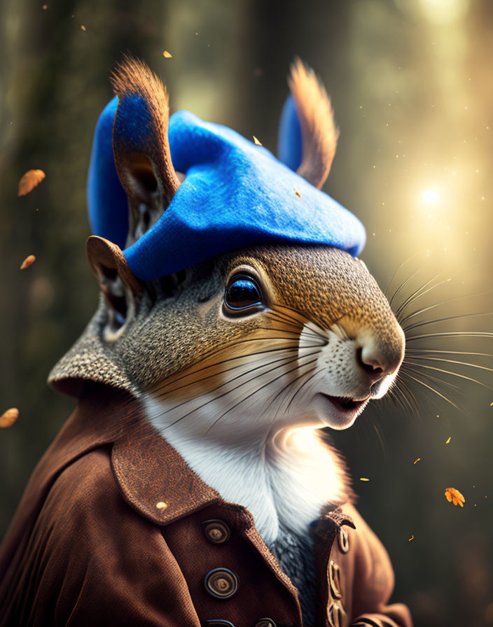 Whimsical squirrel with humanlike features in forest setting