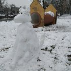 Two dogs in snowy landscape with yellow snowplow and cabin.