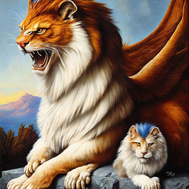 Majestic lions in a fantastical painting: one fiery, one calm with blue fur