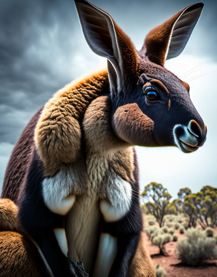 Detailed Kangaroo Close-Up Against Cloudy Sky