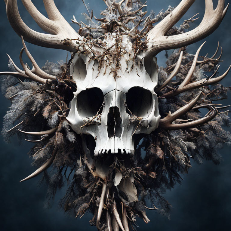 Skull with Antlers, Branches, and Feathers in Foggy Setting