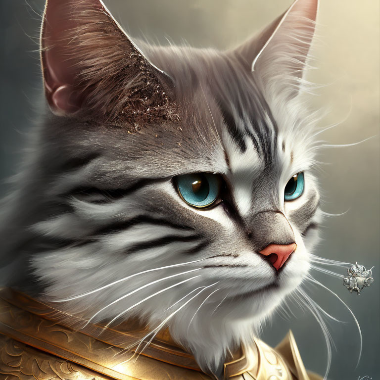 Majestic cat in golden armor with blue eyes and butterfly portrait