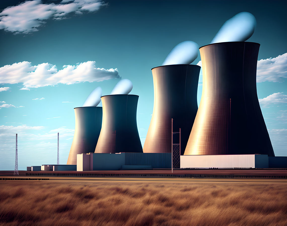 Four large cooling towers emit vapor at a nuclear power plant against a clear blue sky.