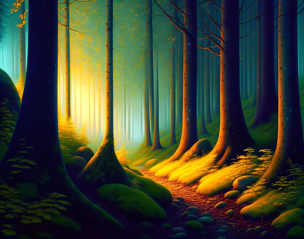 Mystical forest digital artwork with tall trees and lush moss