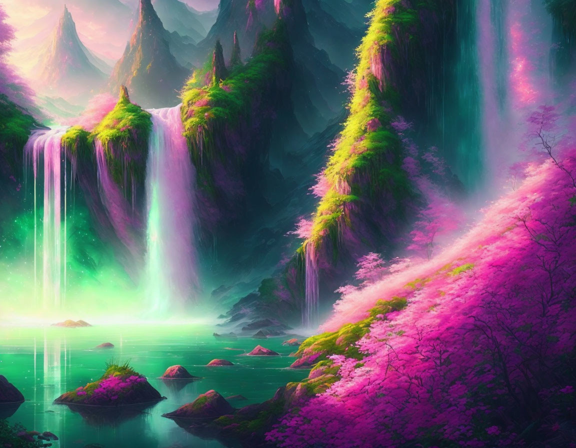 Vibrant pink flora, cascading waterfalls, and glowing green waters in mystical purple setting