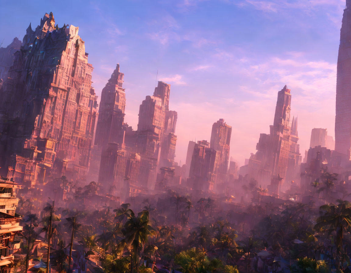 Mystical sunrise cityscape with ancient structures and lush foliage