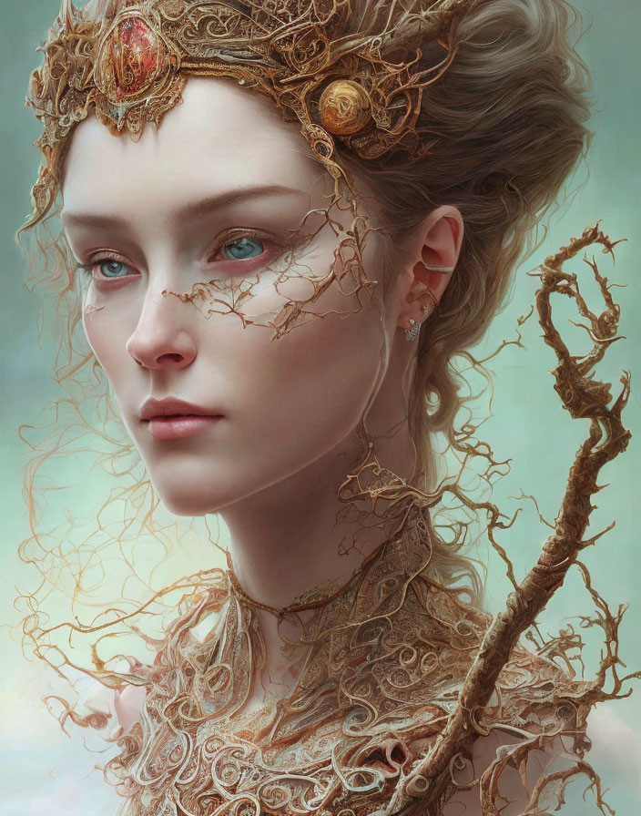 Intricate golden crown and filigree on woman in fantasy portrait