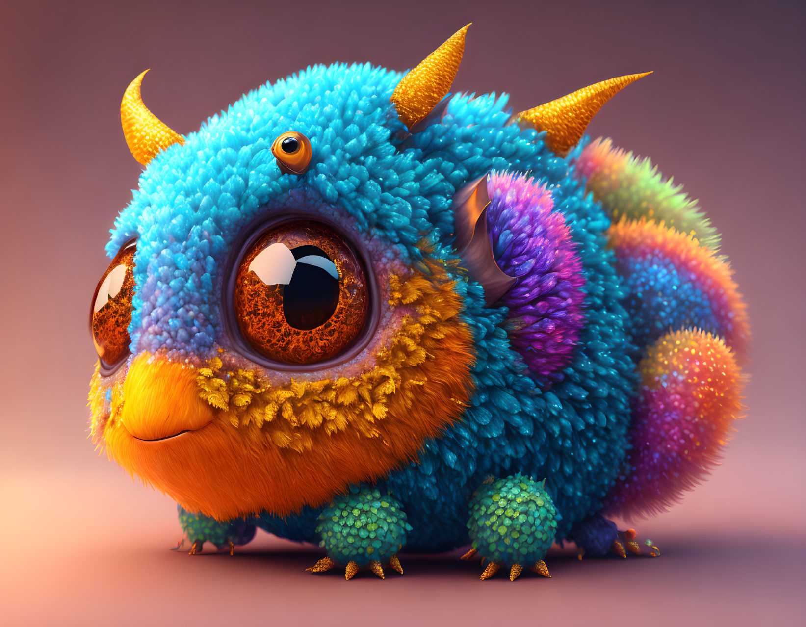 Vibrant 3D-rendered creature with big eyes, blue fur, yellow horns, and