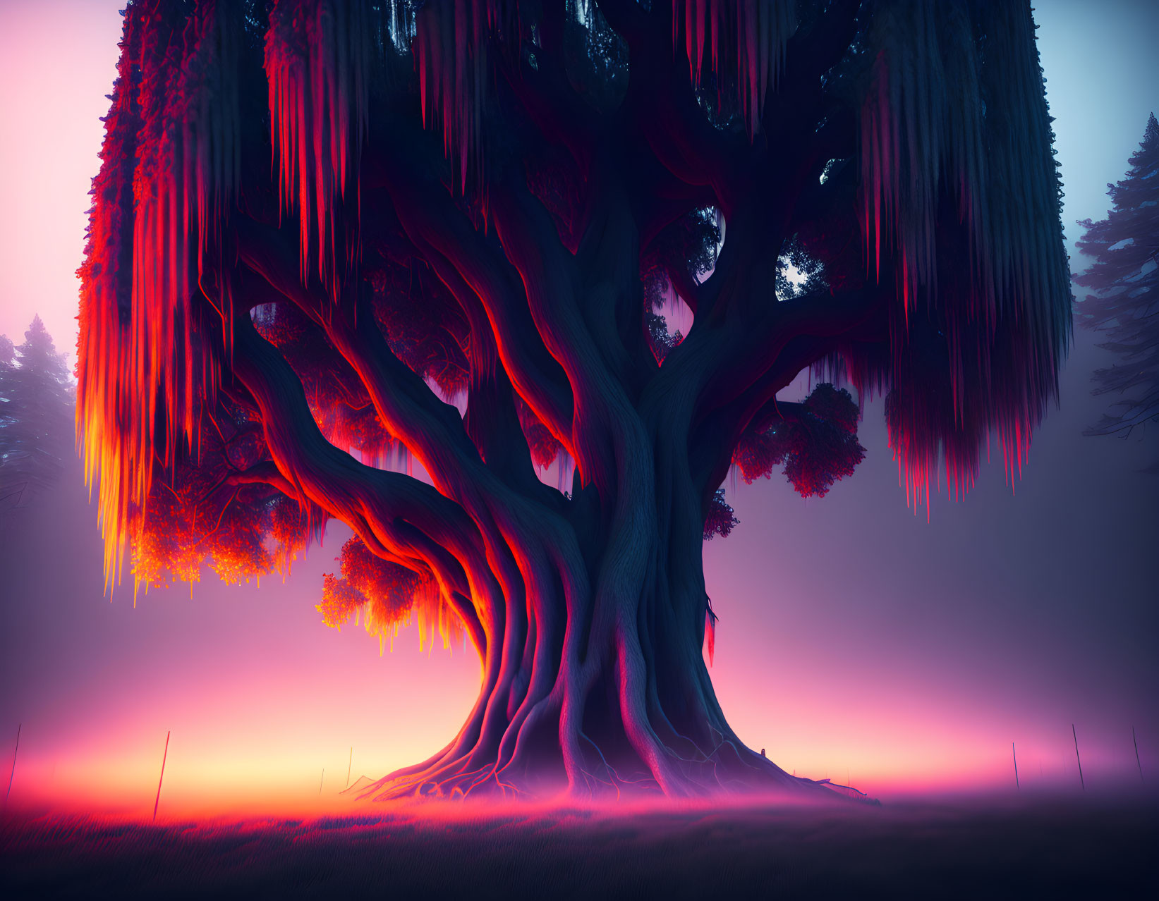 Mystical giant tree with glowing red foliage in ethereal forest