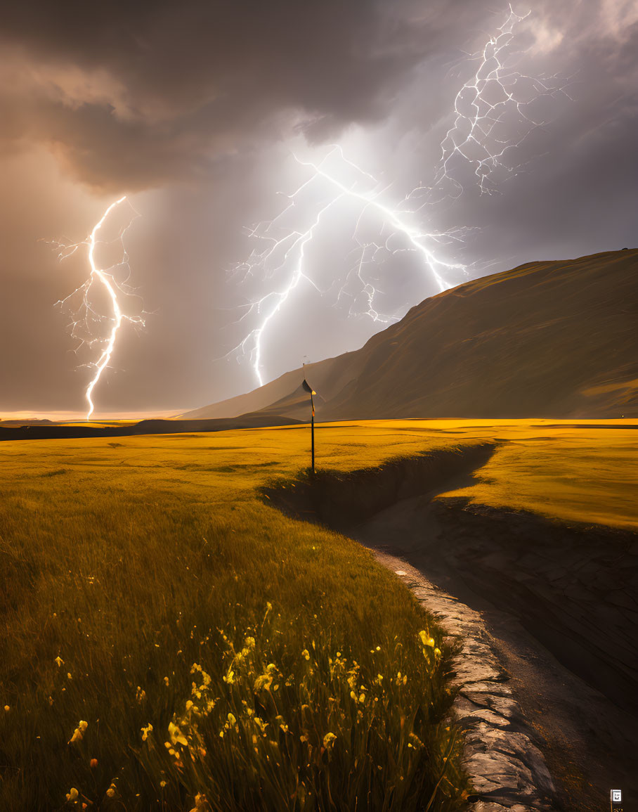 Stormy Sky over Golden Field with Lightning Strikes and Mountain