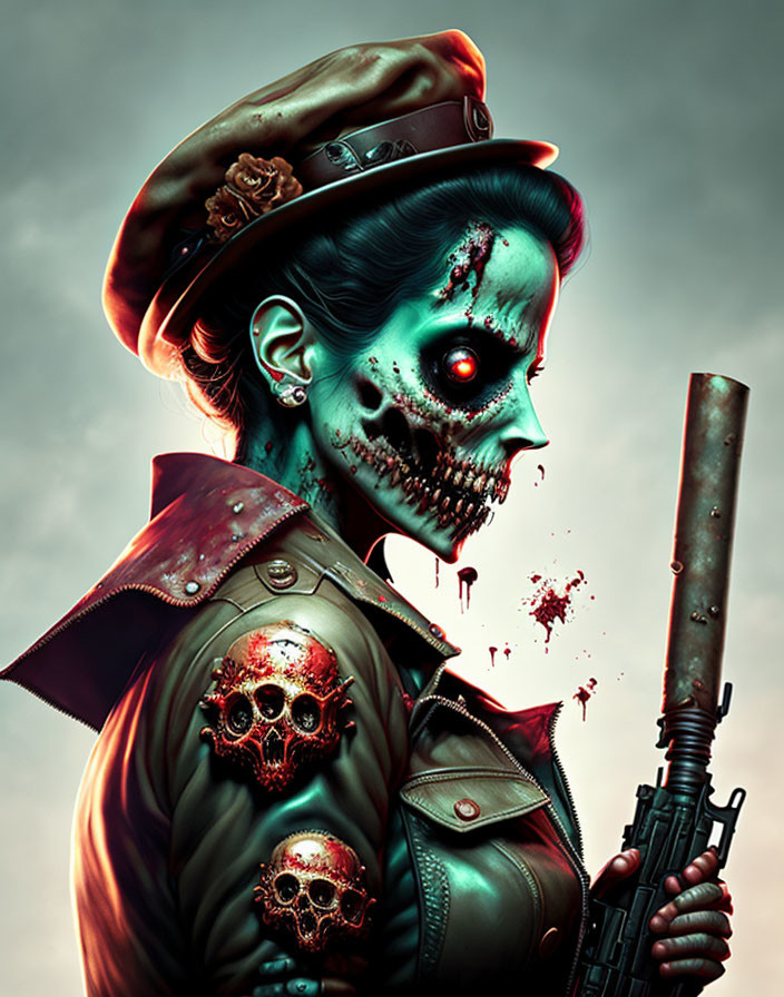 Zombie soldier with skeletal face in military attire and rifle against dramatic backdrop