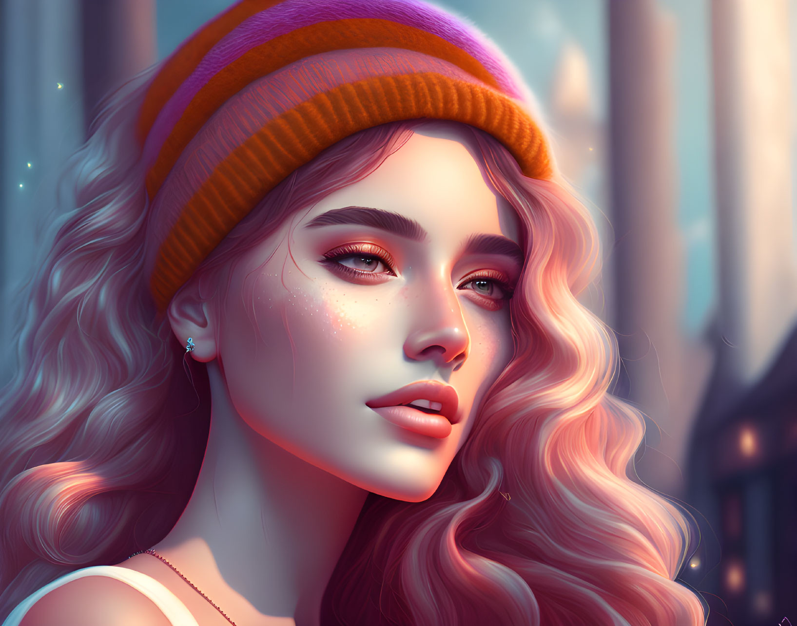 Young woman in orange beanie with flowing hair against cityscape background