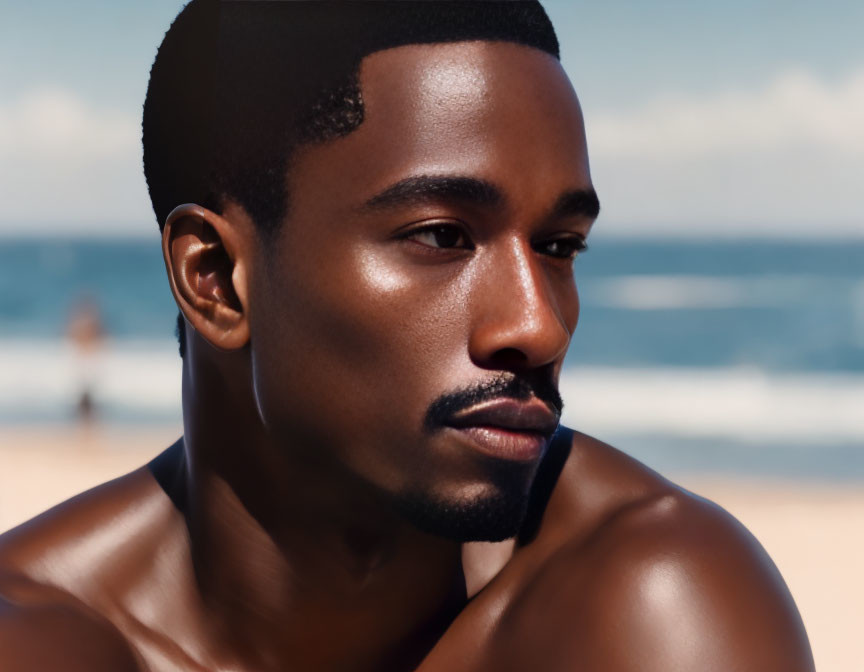 Trimmed beard man gazes at sunlit beach and ocean