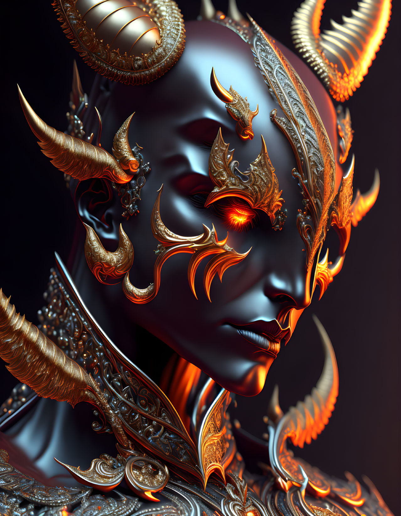 Stylized humanoid 3D illustration with glossy black surface and golden horns