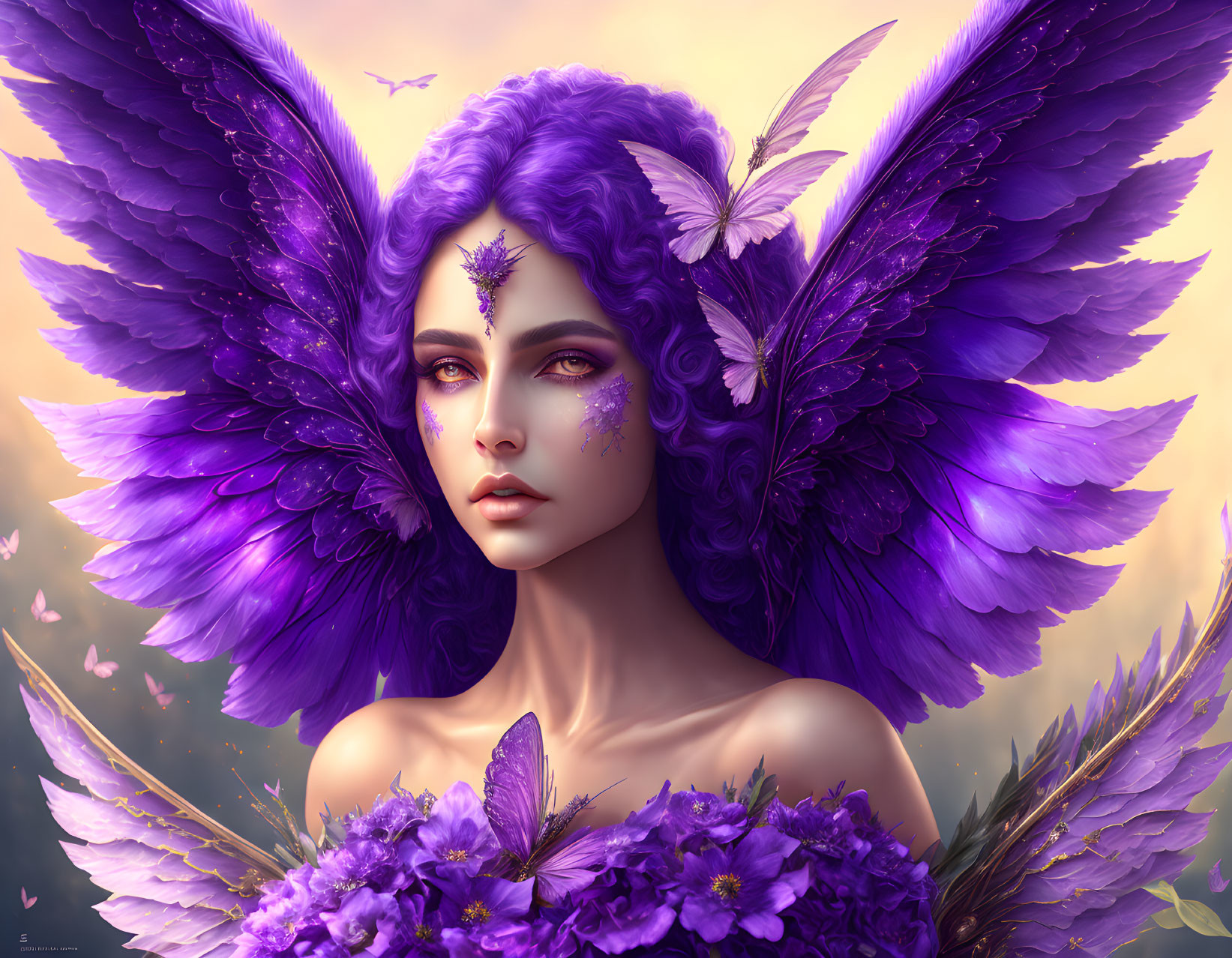 Fantastical image: Woman with purple hair, butterfly wings, and ethereal glow