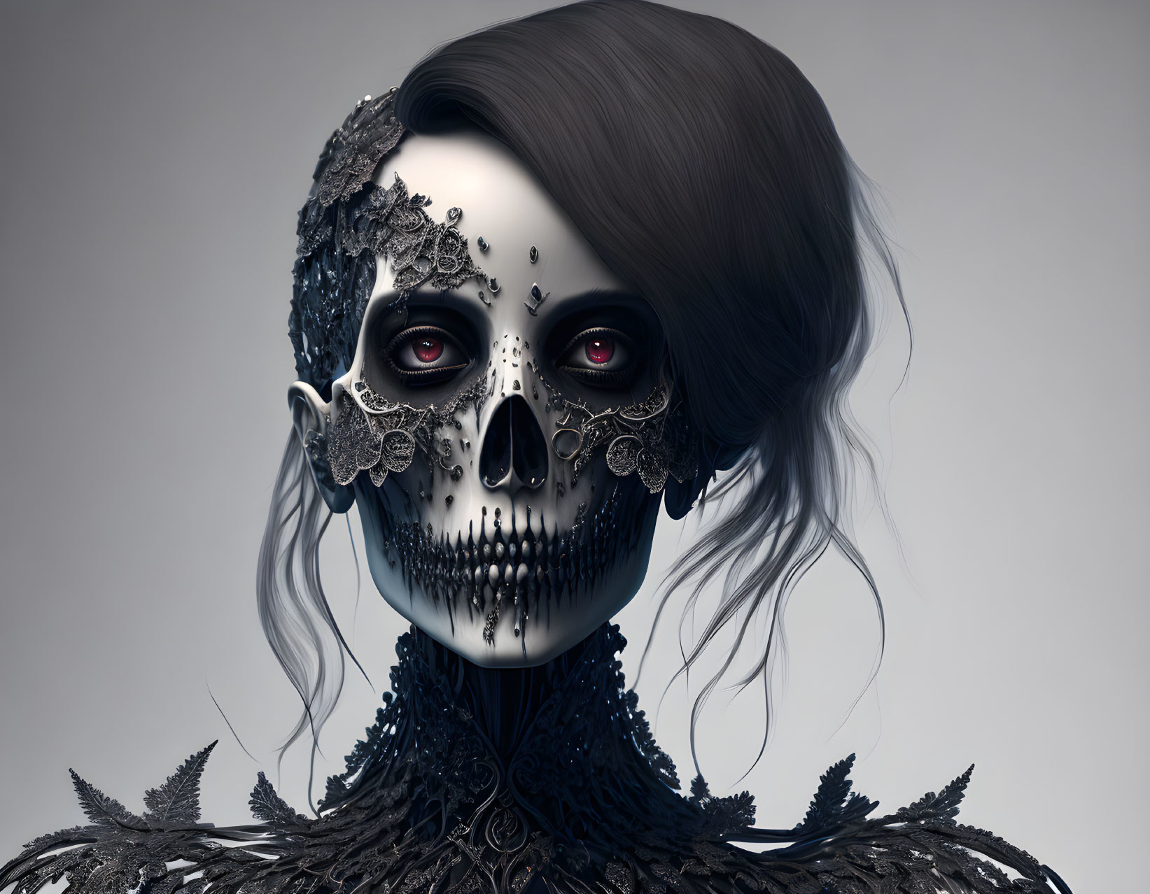 Digital artwork: Female figure with half human, half decorative skull face