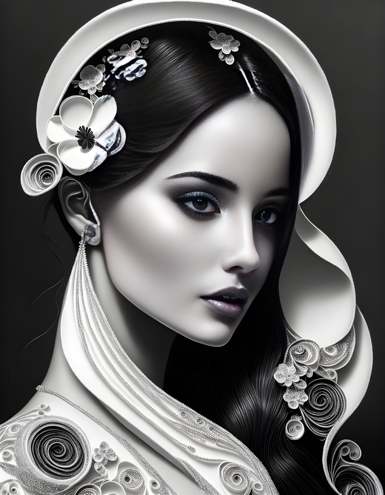 Monochromatic portrait of woman with floral accessories and elegant drapery