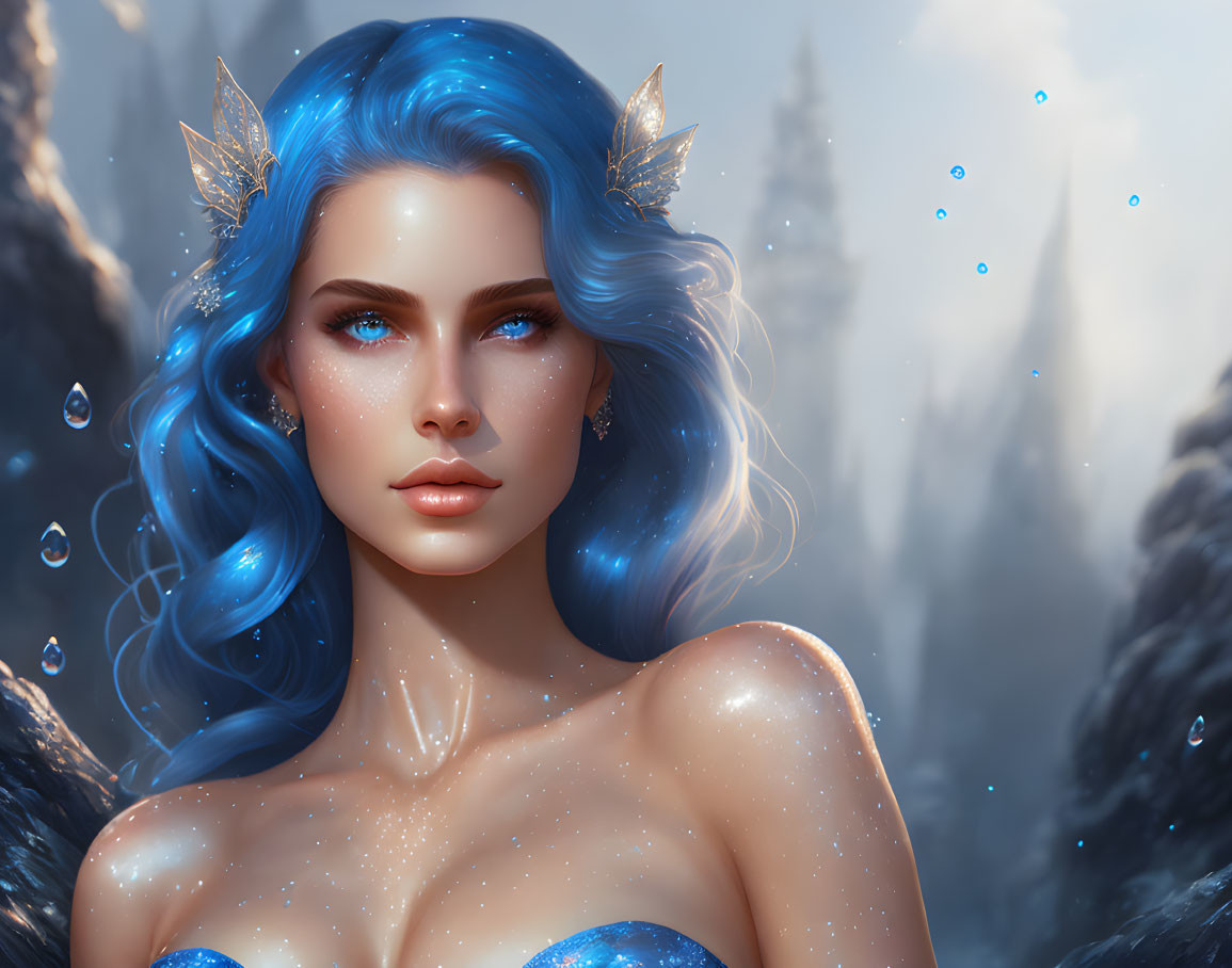 Fantasy portrait: Woman with blue hair, sparkling skin, leaf-shaped ear adornments, misty