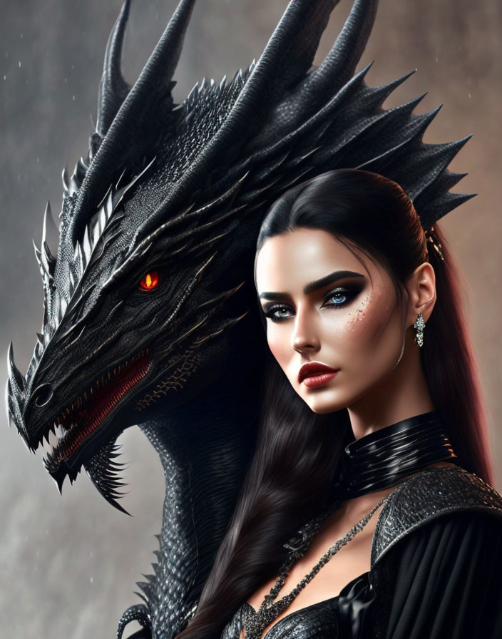 Woman with striking makeup standing next to black dragon with red eyes