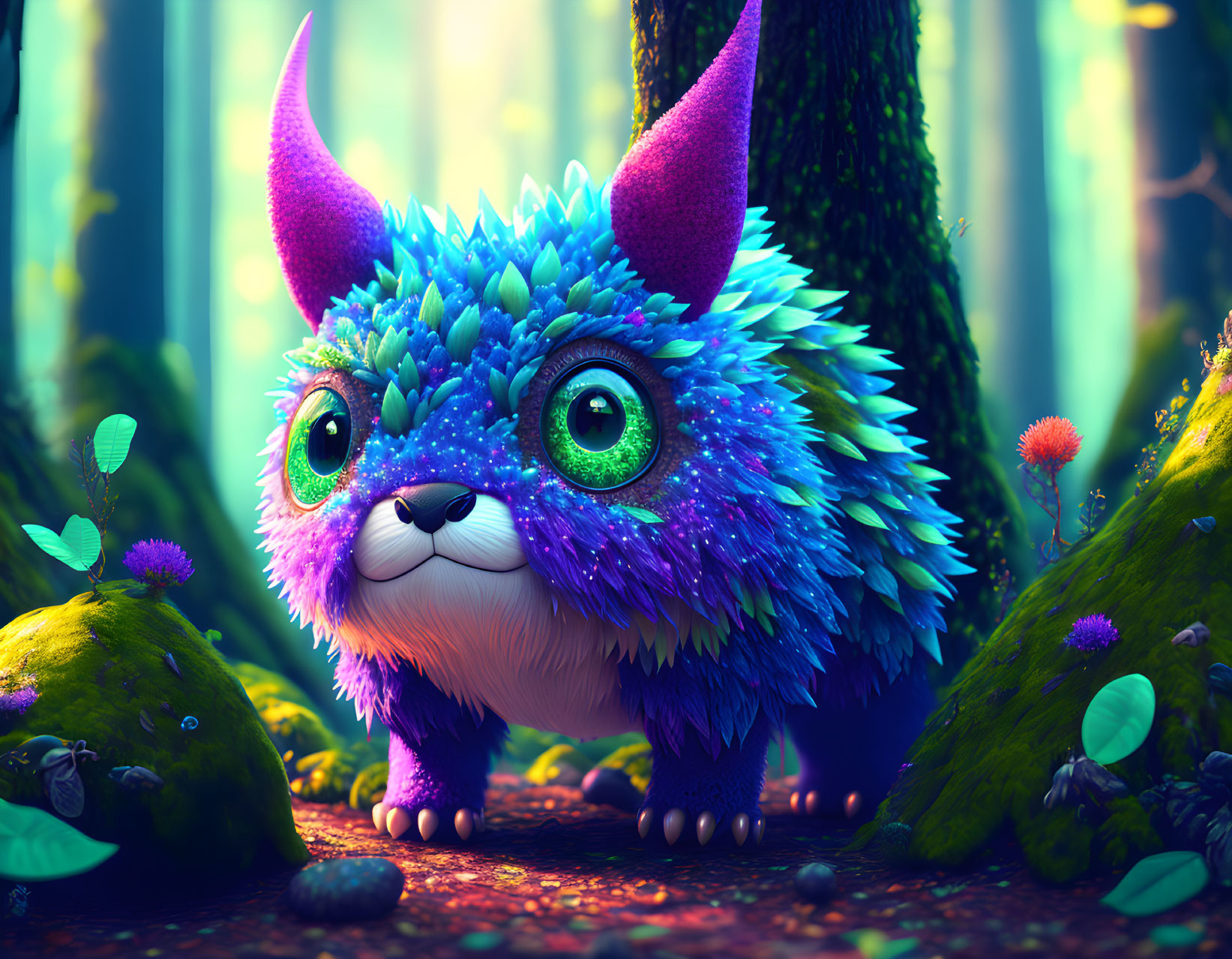 Whimsical creature with green eyes and blue-purple fur in vibrant forest.