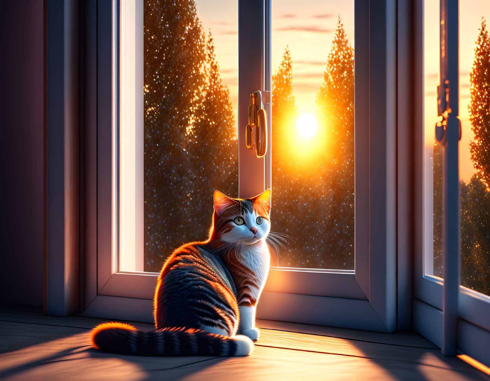 Cat by Window at Sunset Watching Orange Sky with Trees and Falling Snow