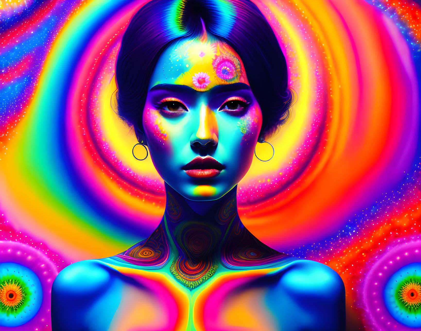 Colorful digital art: Woman with neon blue skin in psychedelic rainbow backdrop