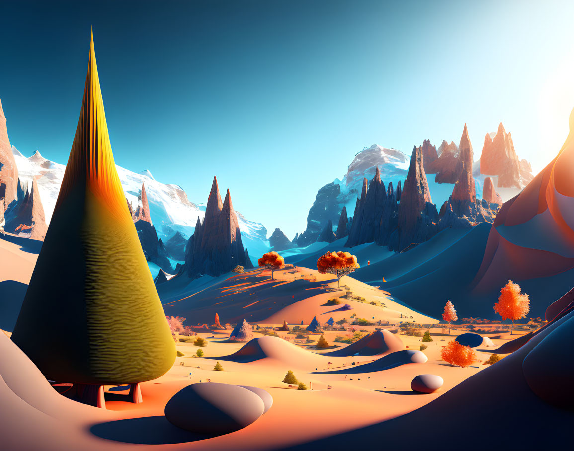 Colorful Stylized Landscape with Conical Tree and Snow-Capped Mountains