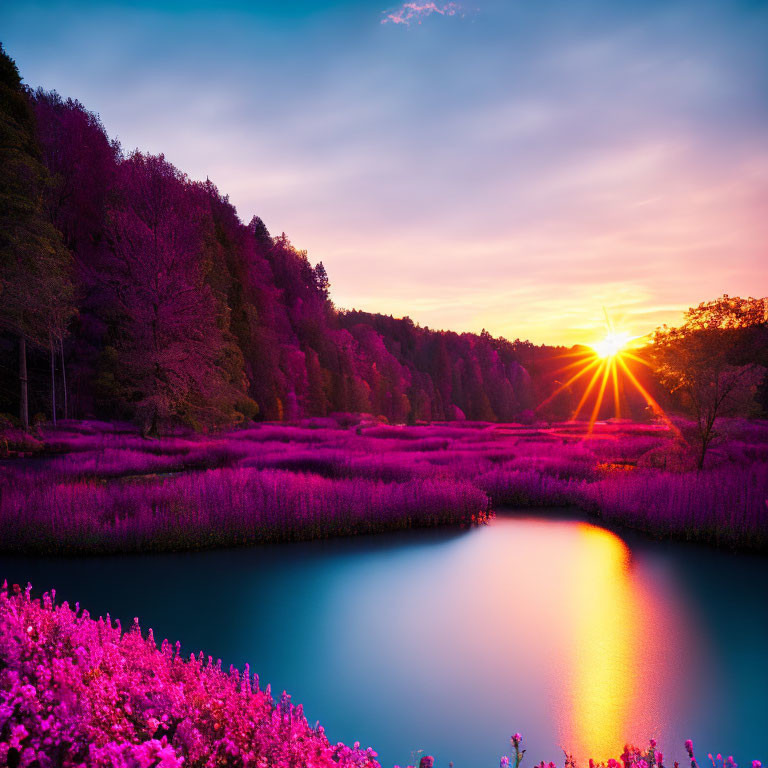 Serene lake at sunset with pink flowers and lush greenery