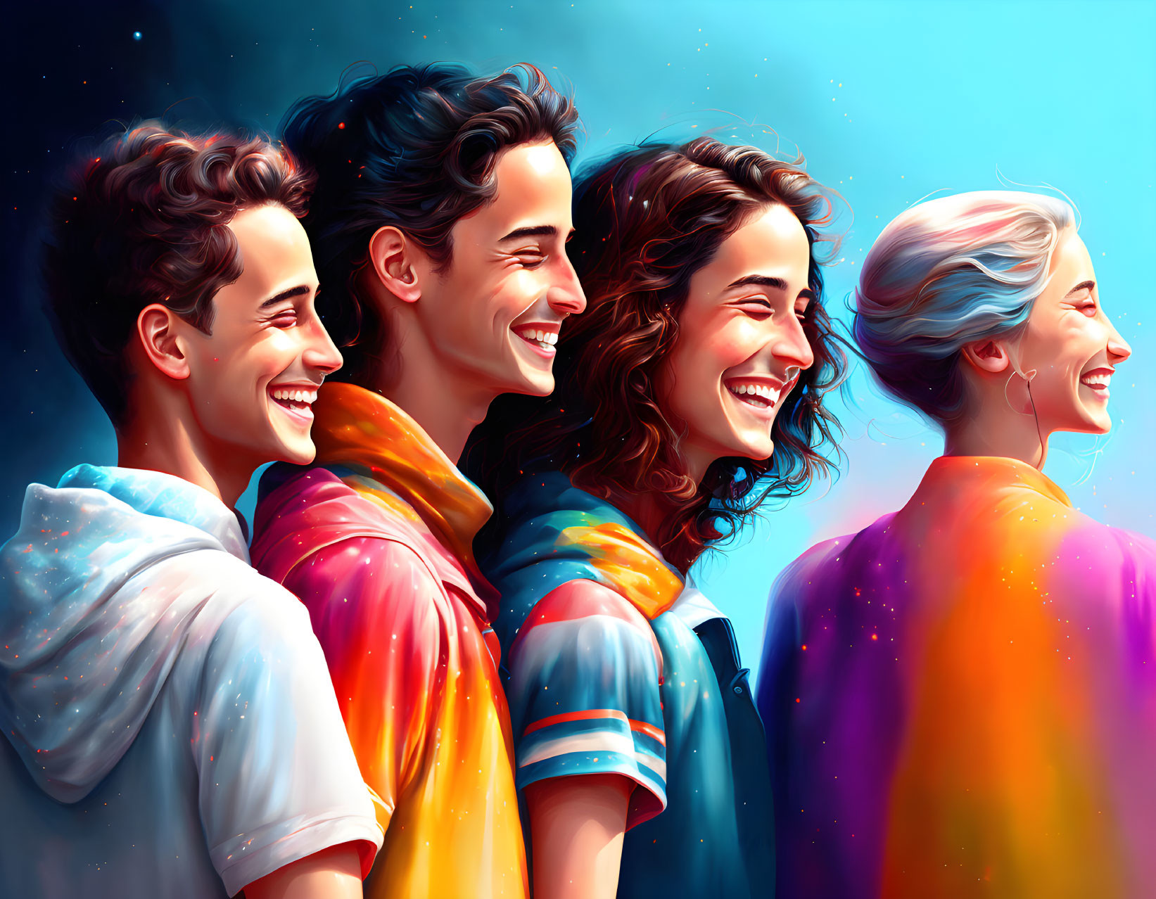 Group of Four Smiling People in Cosmic-Themed Attire