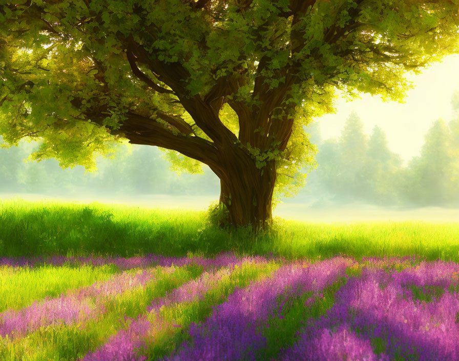 Tranquil scene of lush tree in purple flower field