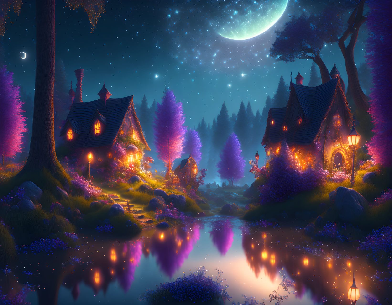 Night Landscape with Storybook Cottages, Lanterns, Moon, and Pond