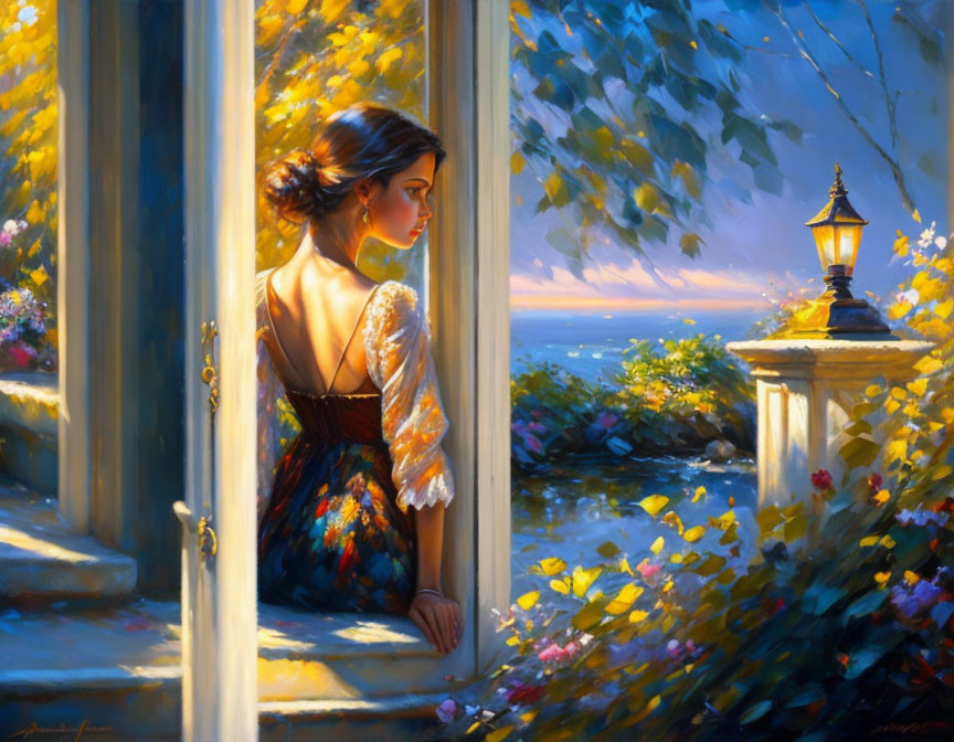 Vintage-dressed woman by open window overlooking sea view with vibrant flowers and lantern.