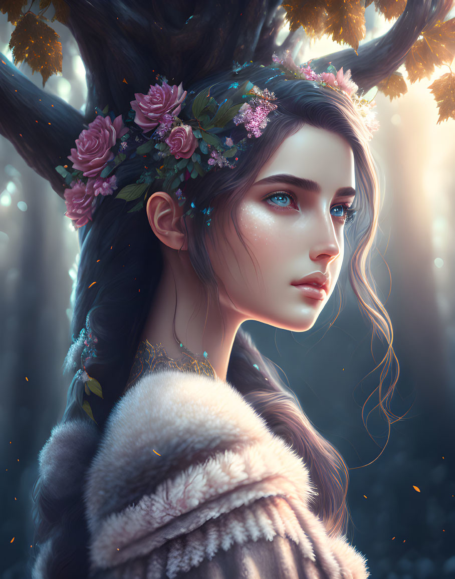 Illustration of woman with floral crown and blue eyes in mystical forest.