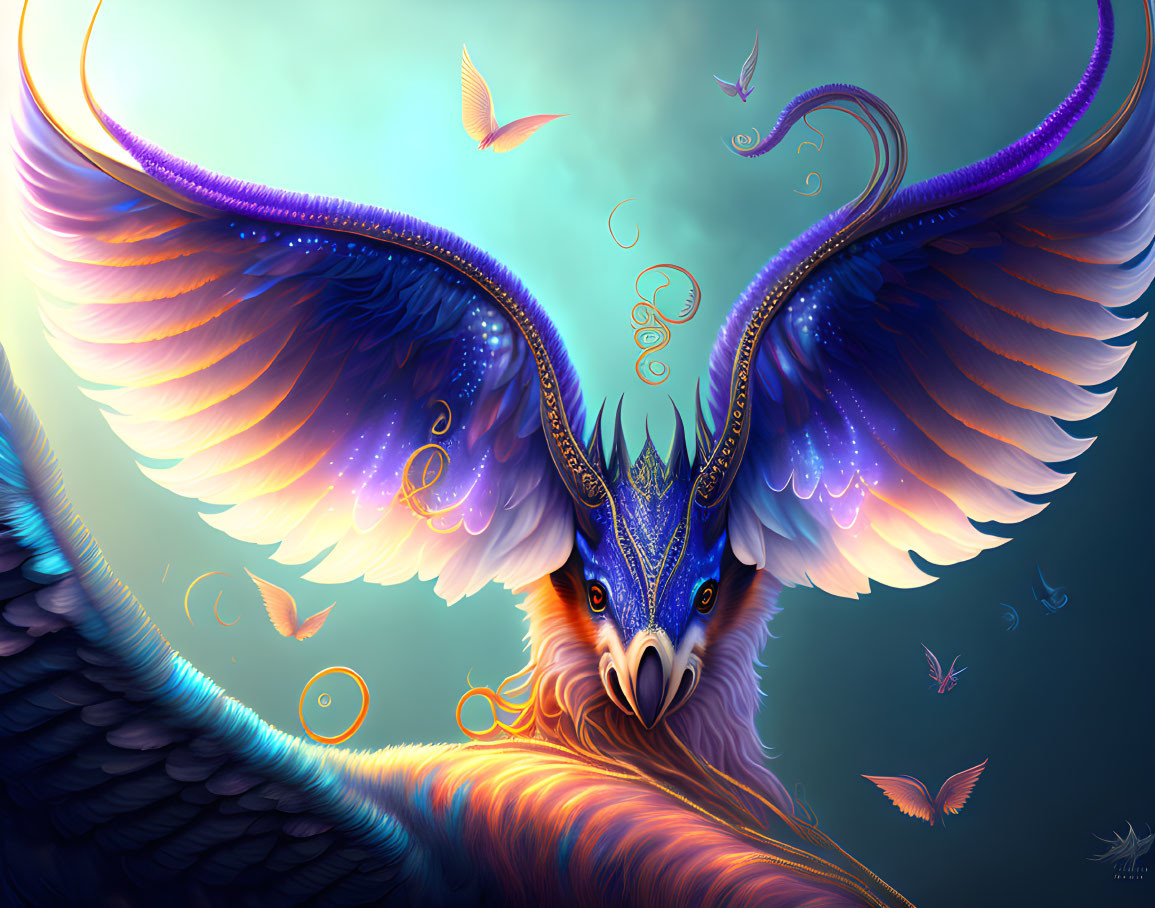 Colorful Majestic Phoenix with Glowing Wings and Butterflies on Teal Background