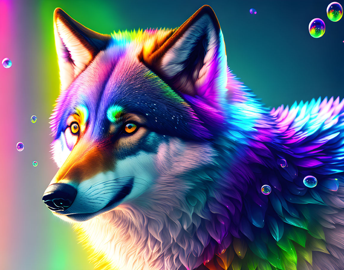 Colorful Fox Illustration with Rainbow Fur and Surreal Lighting