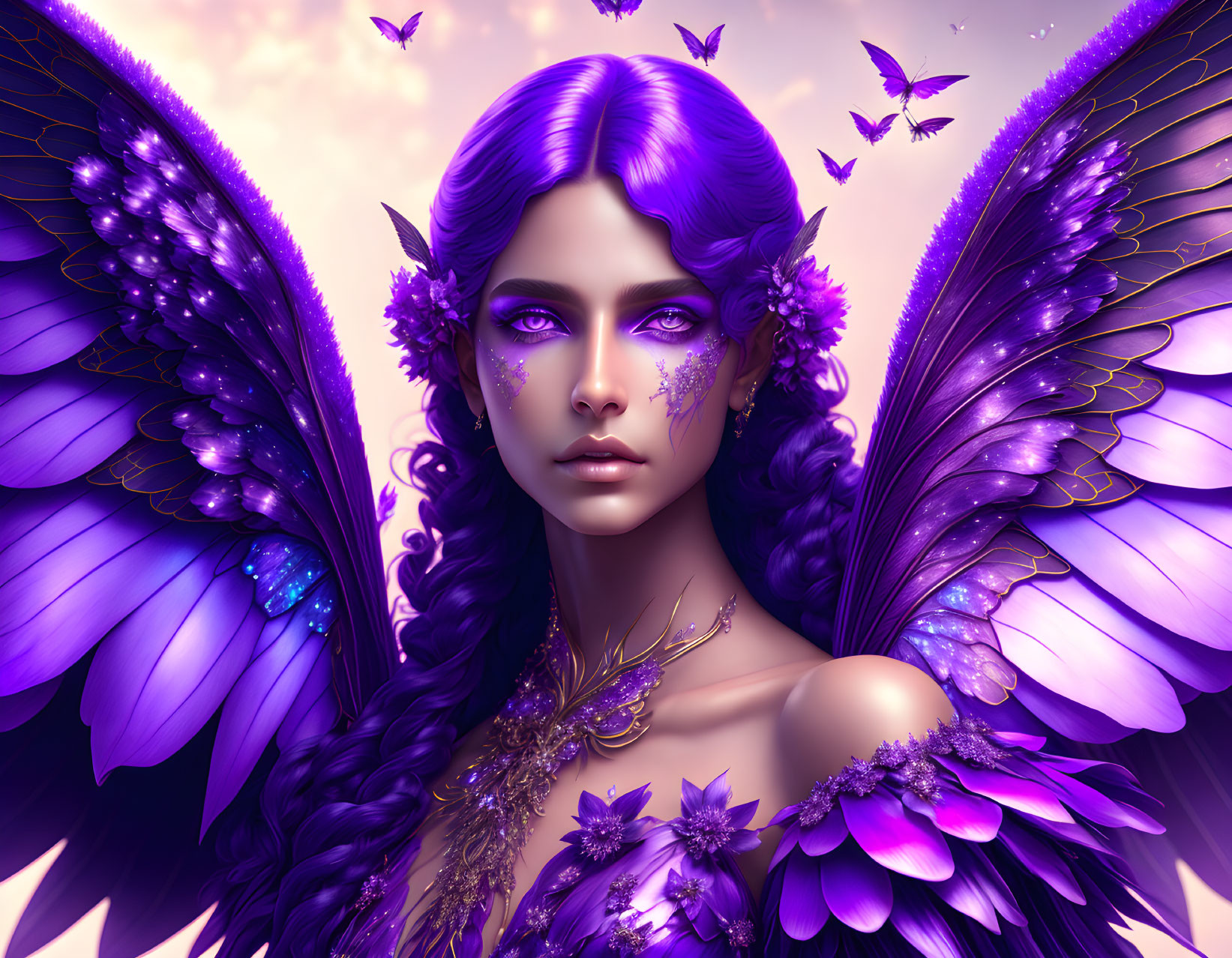 Fantasy digital art of woman with purple makeup and butterfly wings