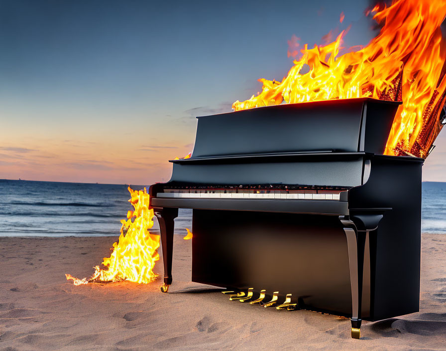 Flaming grand piano on sandy beach at twilight