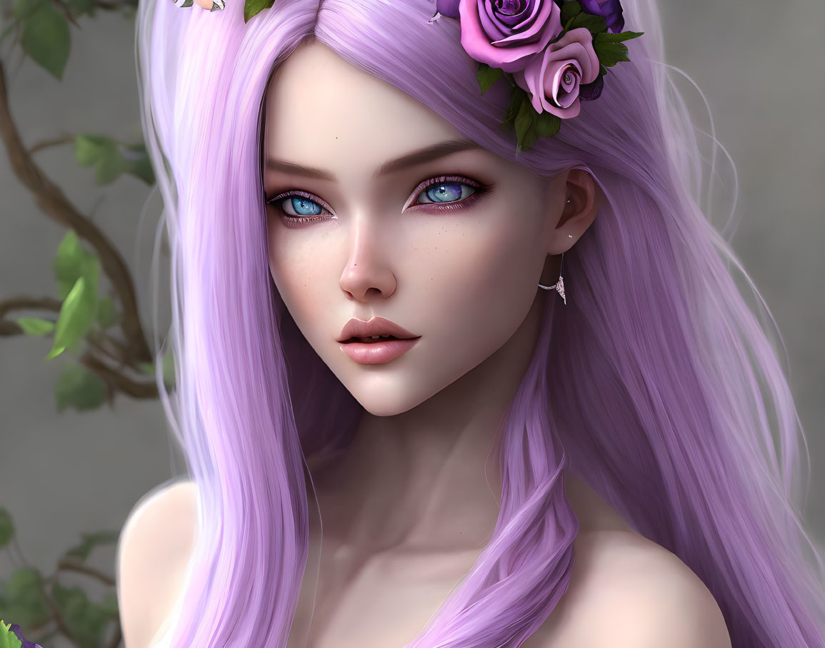 Female character with pastel purple hair, blue eyes, and floral hair accessory