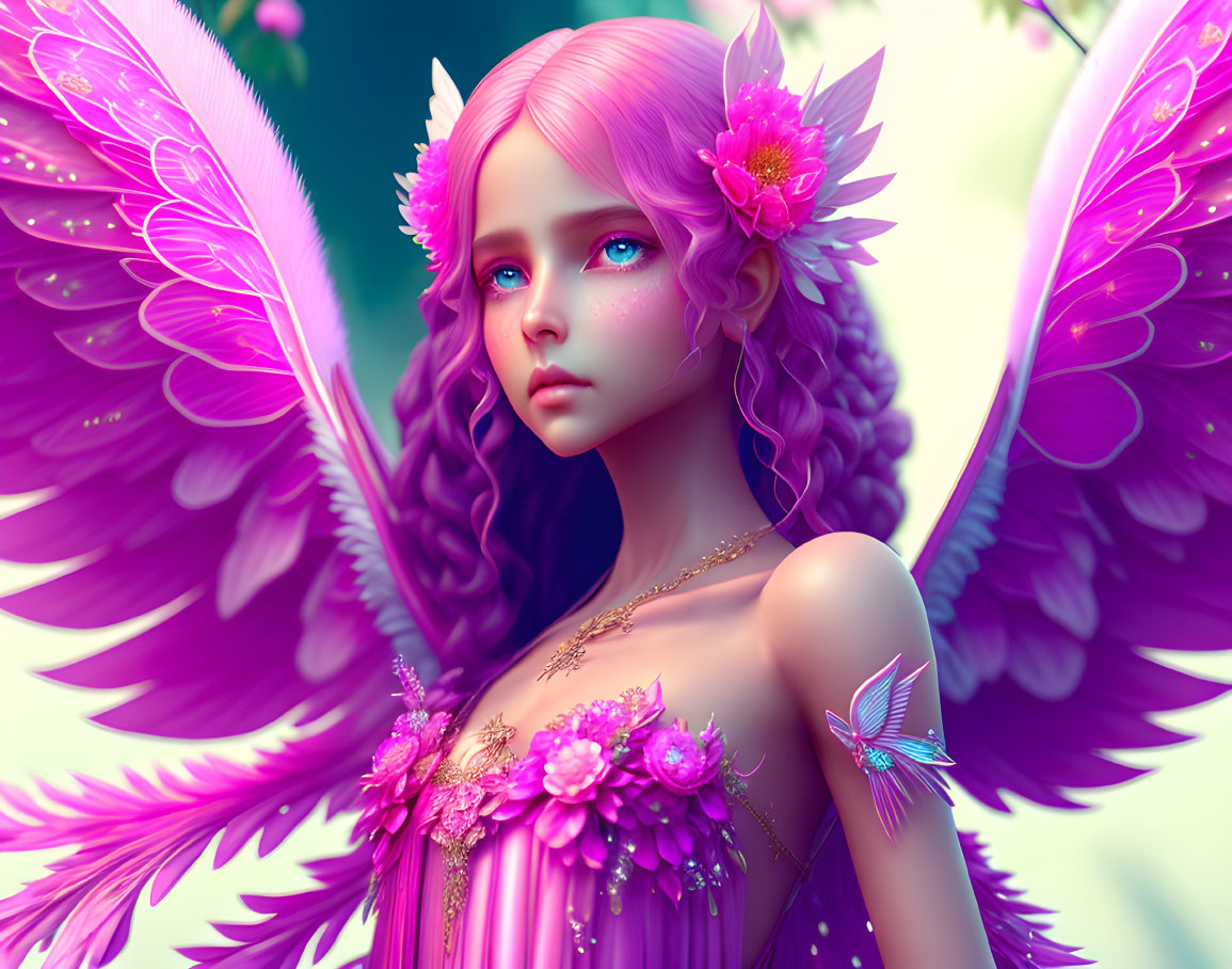 Young female character with pink hair and ornate wings adorned with flowers and butterfly.