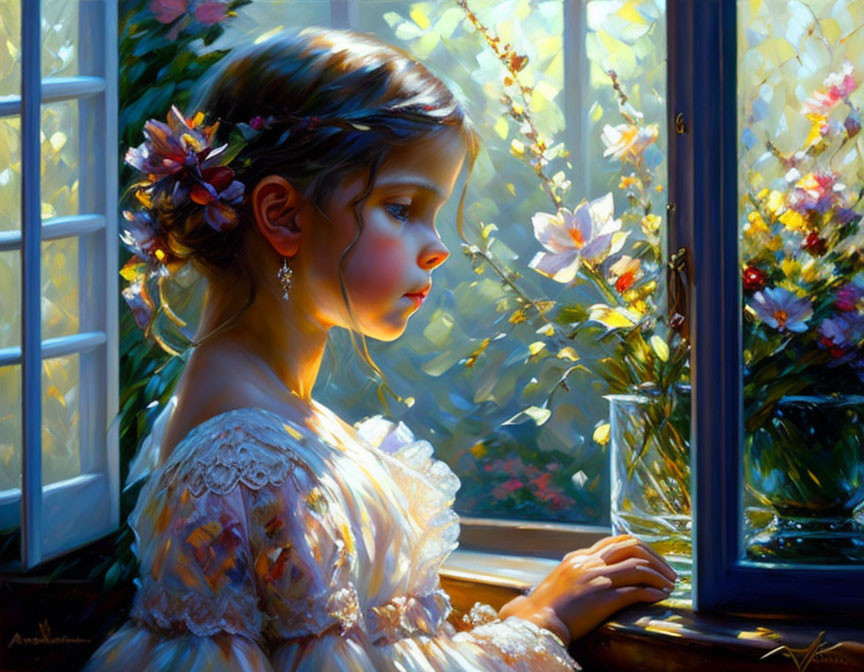 Young girl in white dress with flowers in hair gazes through sunny window