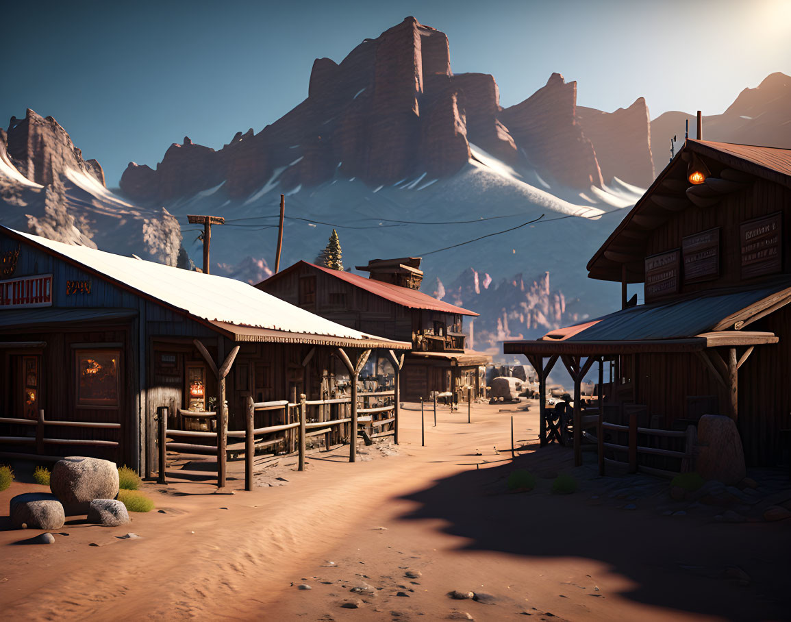 Wooden Wild West town under clear sky with distant snow-capped mountains