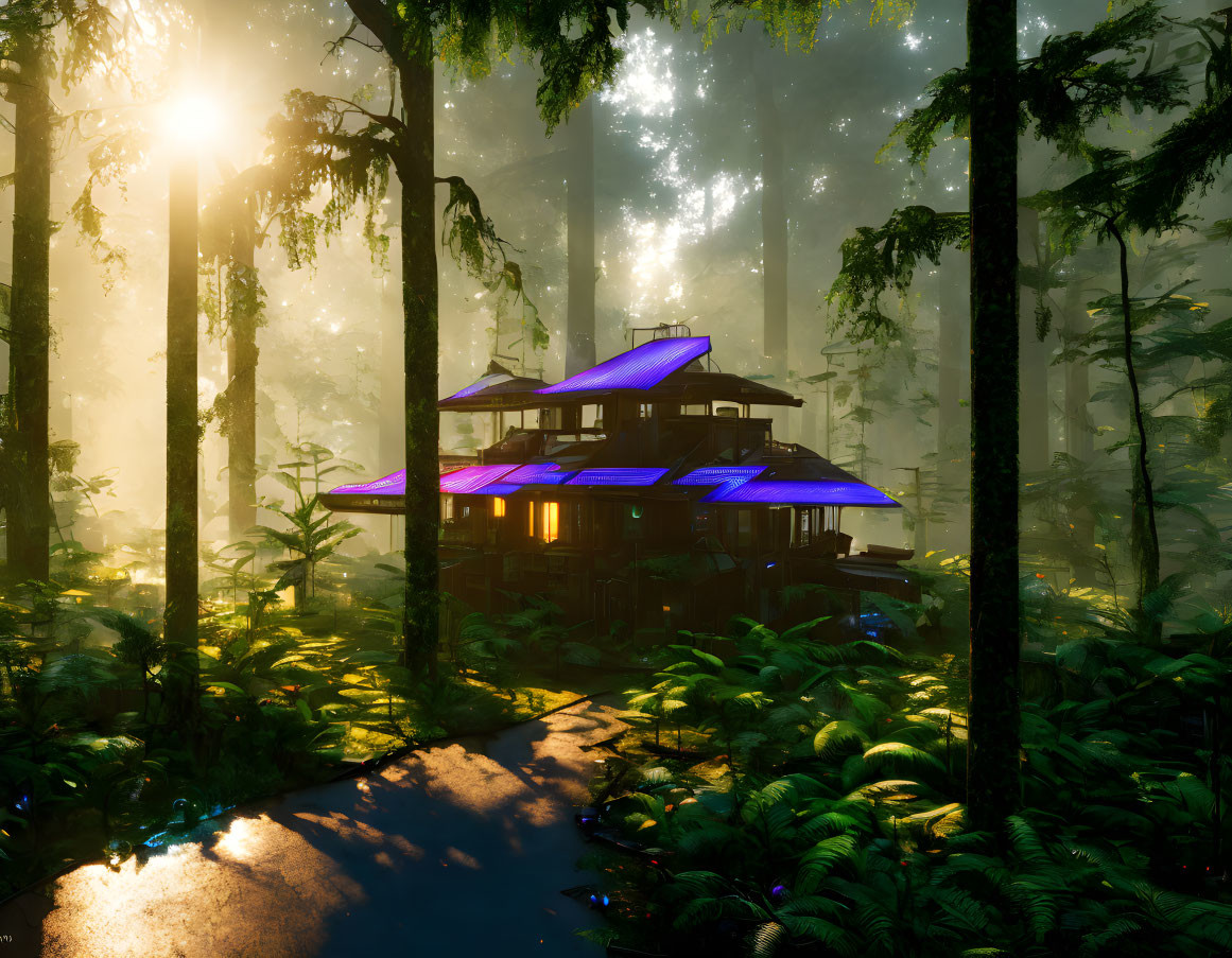 Futuristic house with purple glowing elements in misty forest